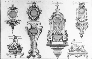 Clock Cases and Pedestals of André-Charles Boulle, print made by Pierre-Jean Mariette